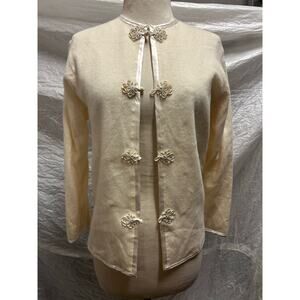 1950s/60s Ricky Bo Cream Hand Beaded Button Up Sweater With A Silk Interior